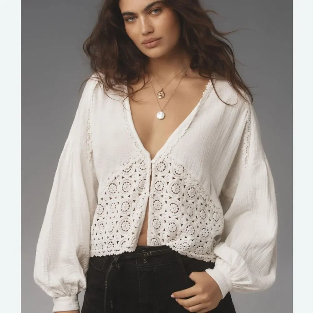 Anthropologie women’s one size bohemian lace long sleeve gauze top NEW white